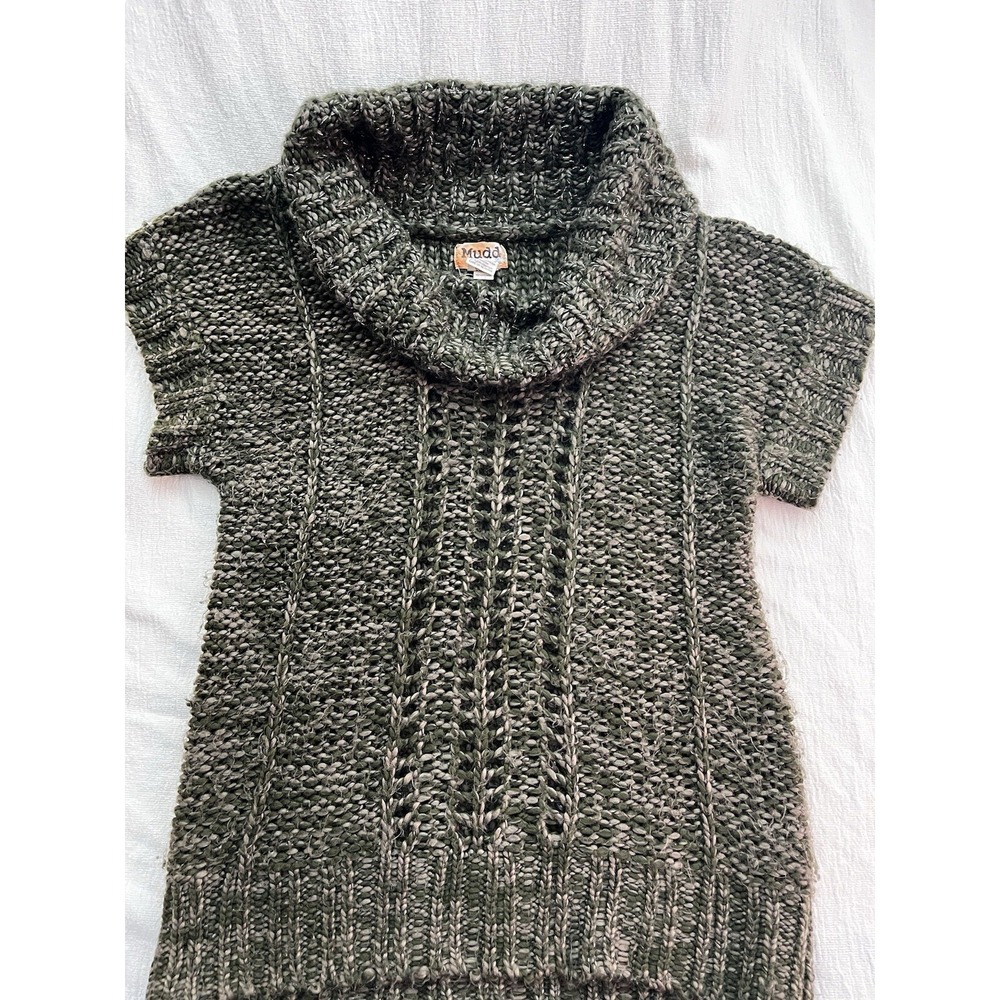 Mudd Open Knit Sweater Juniors Large Short Sleeve Green Shimmer Cowl Neck Y2K